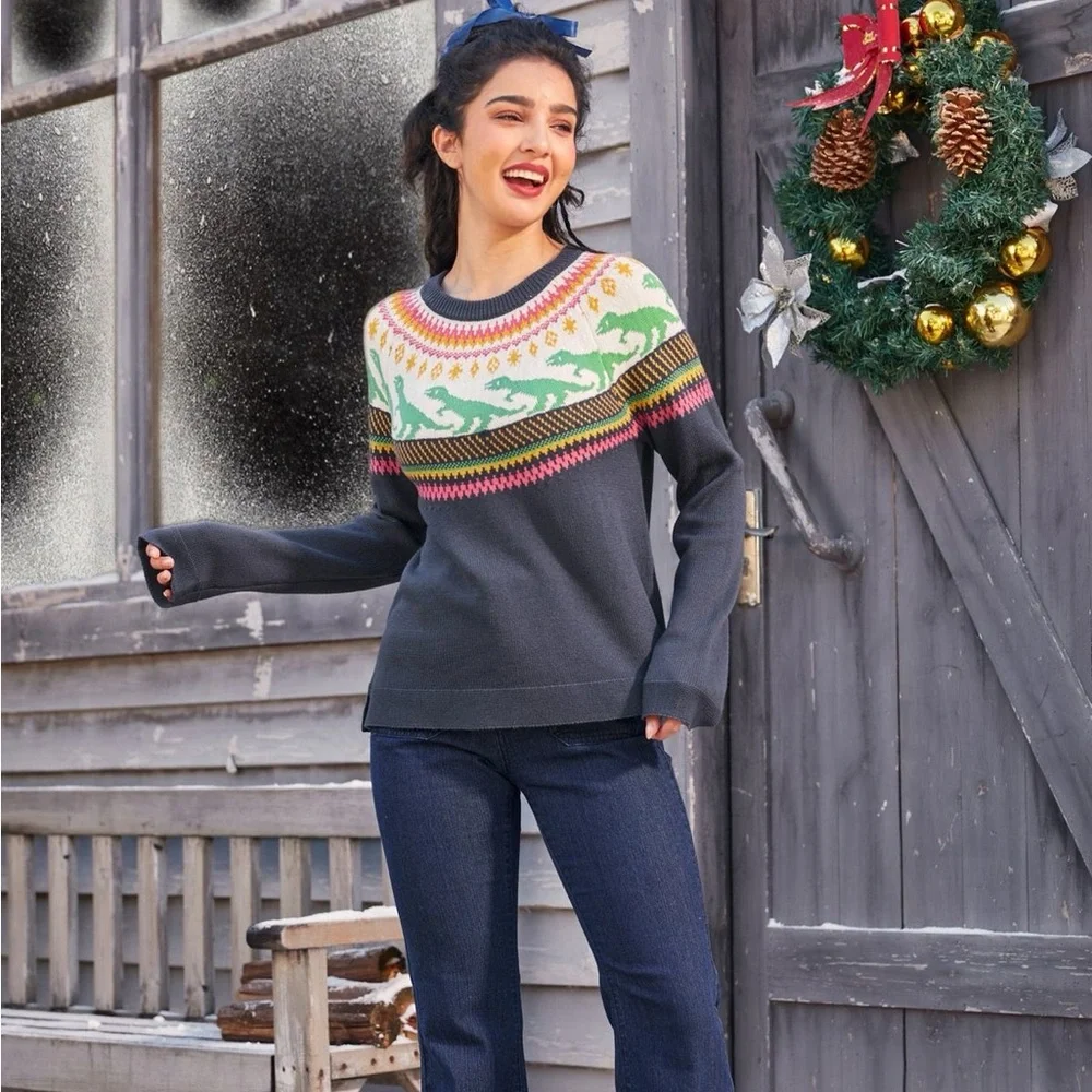 Modcloth Retro Charm Raglan Dinosaur Fair Isle Sweater - Picture 1 of 12